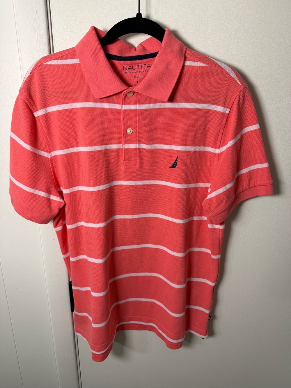 Nautica Coral & White Striped Polo | Men’s Large | Short Sleeve
